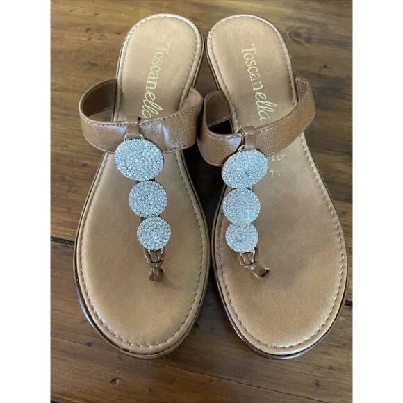 Toscanella Dazzler Crystal Wedge Heel Thong Sandals Cognac Leather. Size 7.5. - Picture 3 of 5